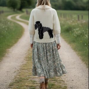 Vintage Cottagecore Cream Hand Knit Chunky Poodle Cardigan Sweater Wool Large